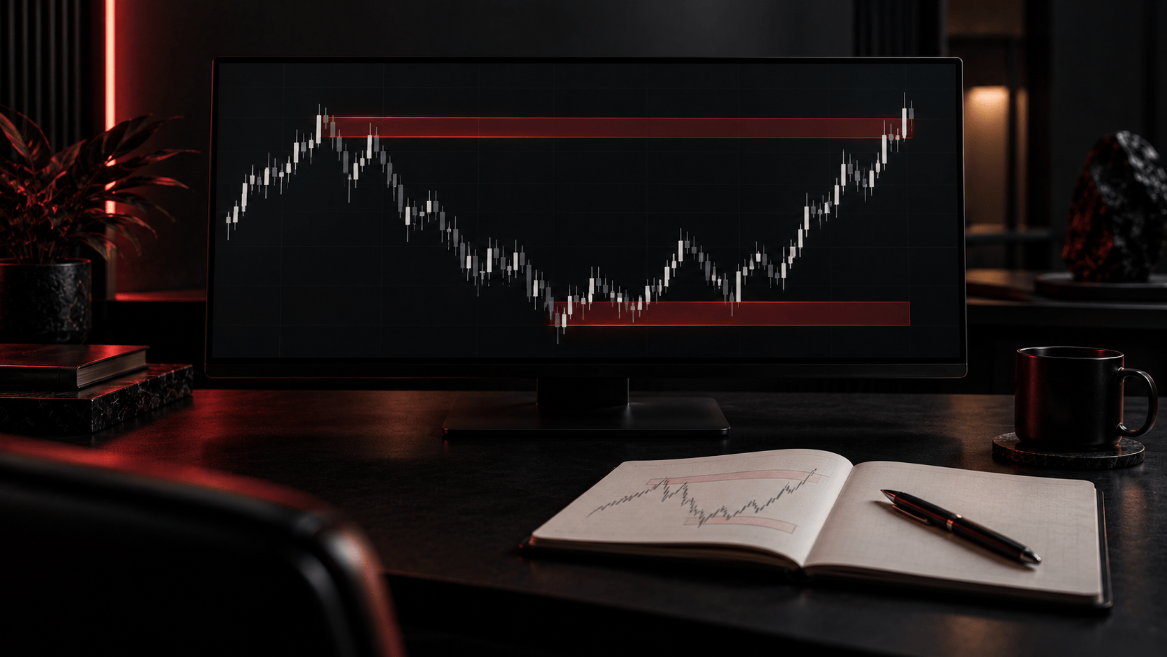 Weekly market view analysis on monitor with journal